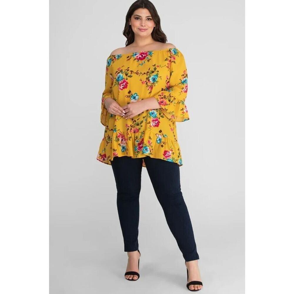 Kiyonna Top Felicity  Style 1X Babydoll Yellow Floral Versatile Neckline Ruffles
